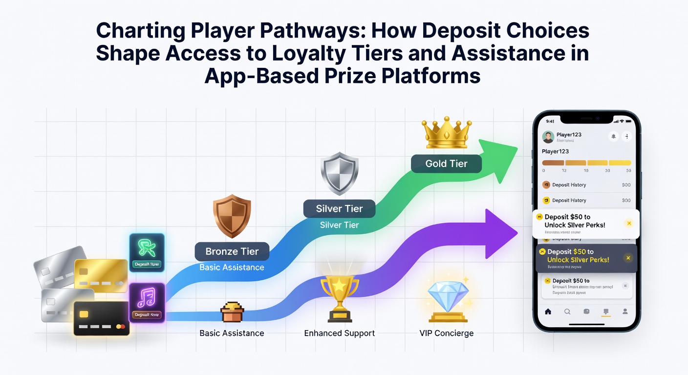 Illustration showing player progression through loyalty tiers based on deposit patterns in mobile prize apps