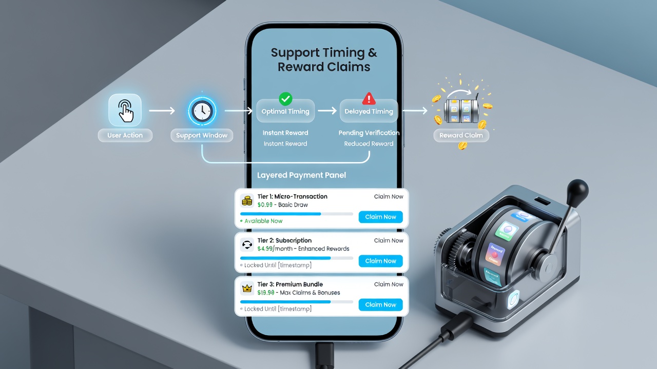 Support dashboard view illustrating claim status timelines and reward progression indicators in a draw-reel hybrid app