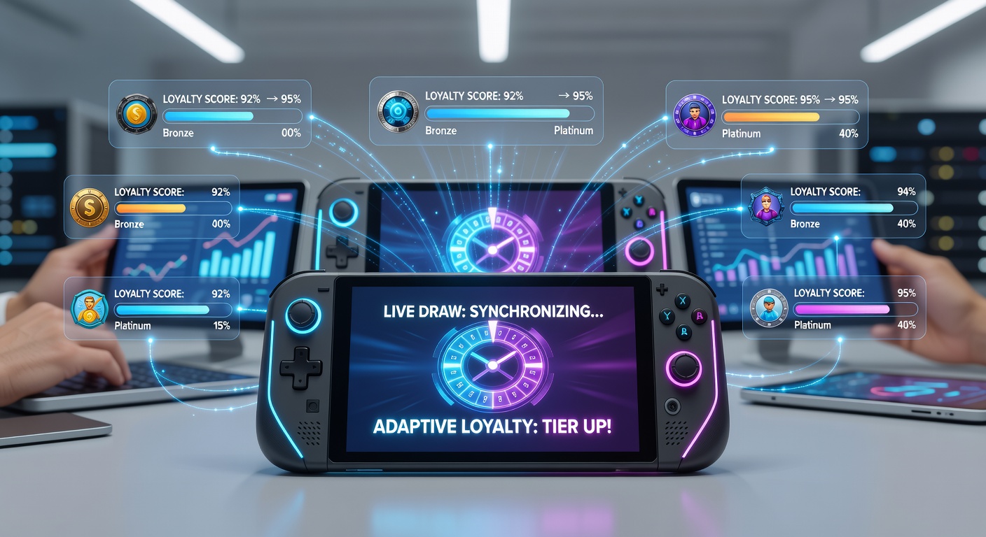 Mobile gaming interface showing synchronized live draw results and loyalty tier progress on a portable device