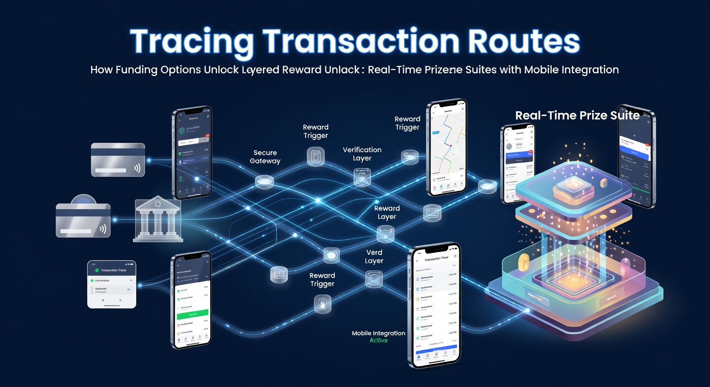 Mobile transaction flow diagram showing funding routes into layered prize rewards